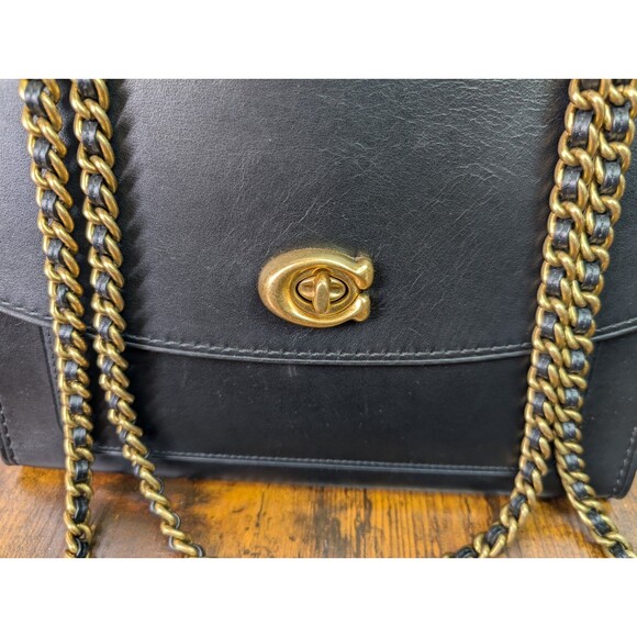 Authentic Coach Parker Shoulder Bag Black Leather Gold toned Chain Strap - Picture 3 of 16